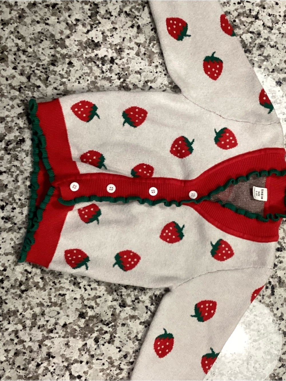 SHEIN Cream Cardigan with Red Strawberry Motif and Green Trim